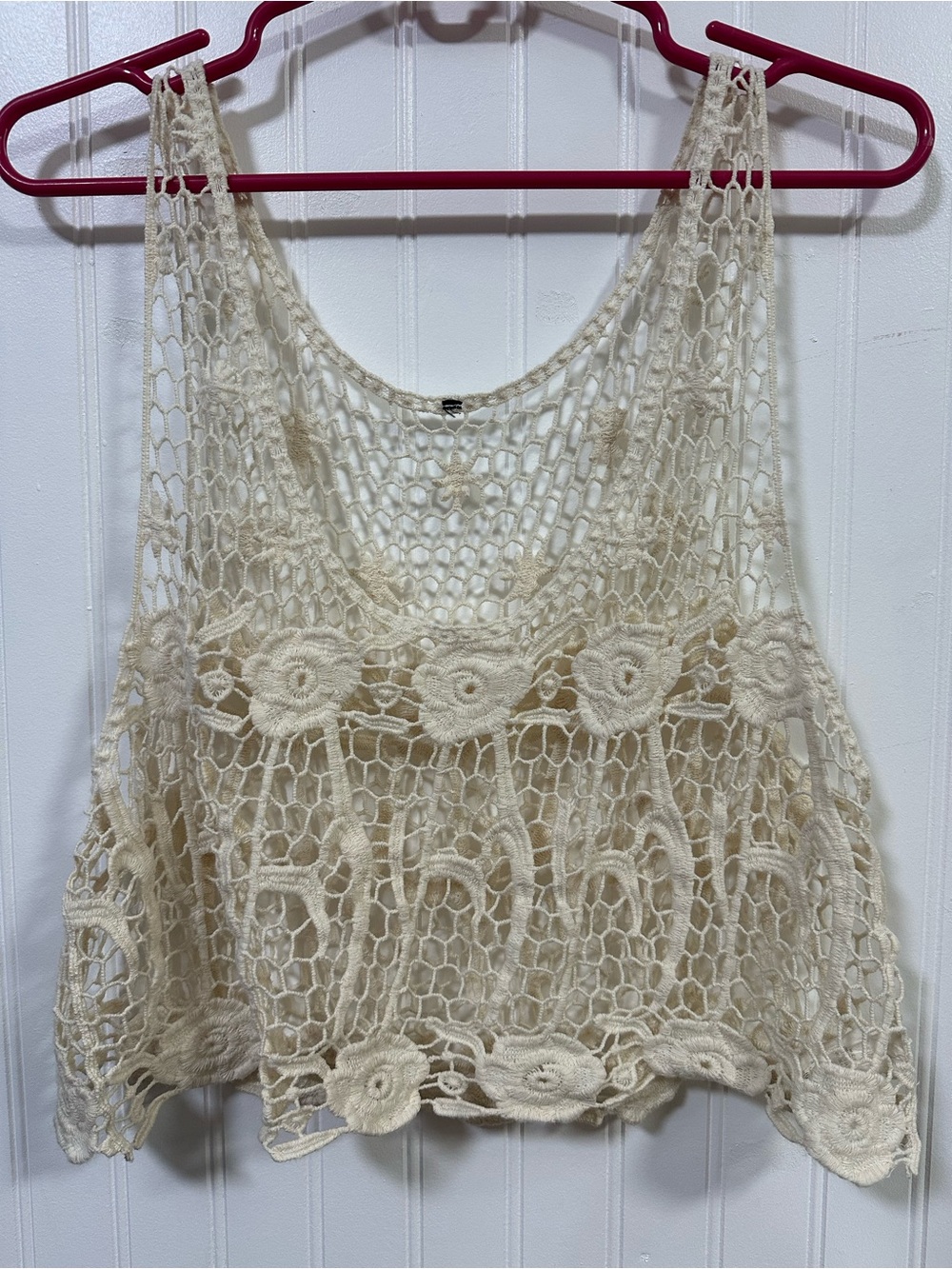 Boho Crochet Lace Crop Tank Top White Festival Cottagecore Coquette Size L